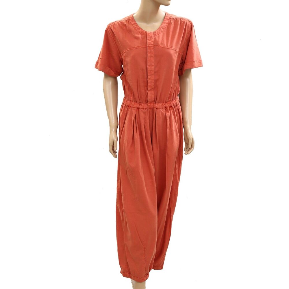 Free People Short Sleeve Jumpsuit Dress One Piece Cotton Solid Rust XS 284701